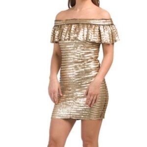 SHO BY TADASHI SHOJI Golden‎ Sequin Ruffle Off The Shoulder Cocktail Mini Dress